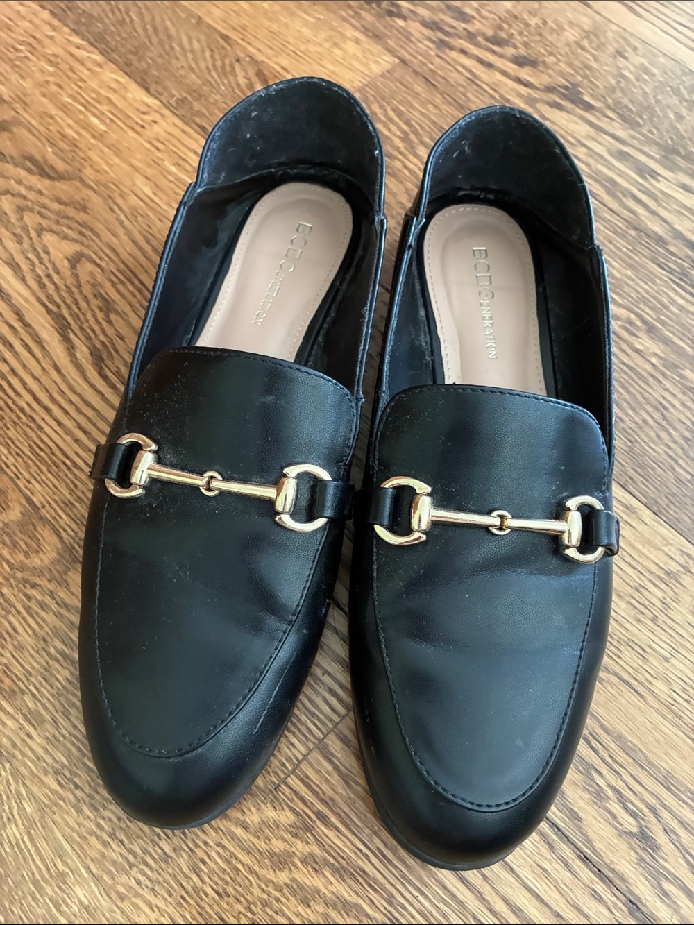 BCBGeneration Black Leather Bit Loafers with Gold Hardware